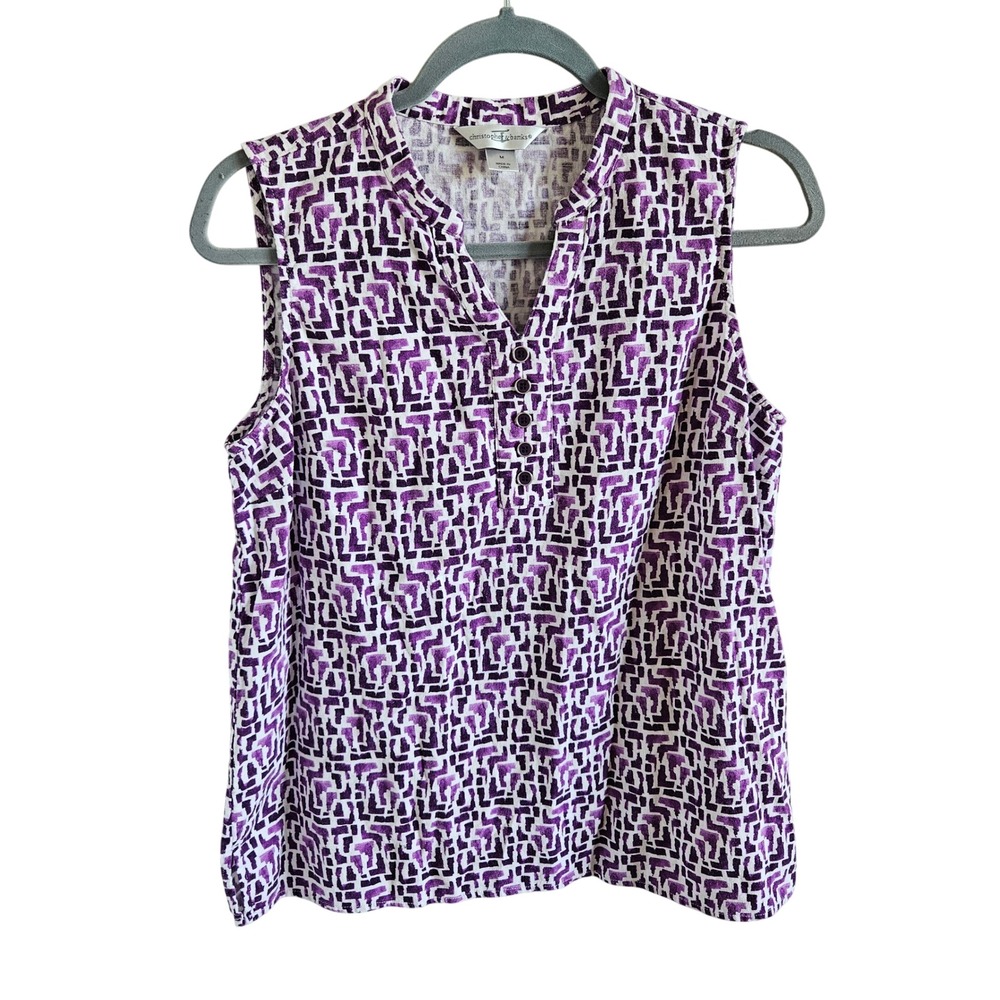 Christopher & Banks Purple Geometric Maze Print Linen Blend Henley Tank Top M